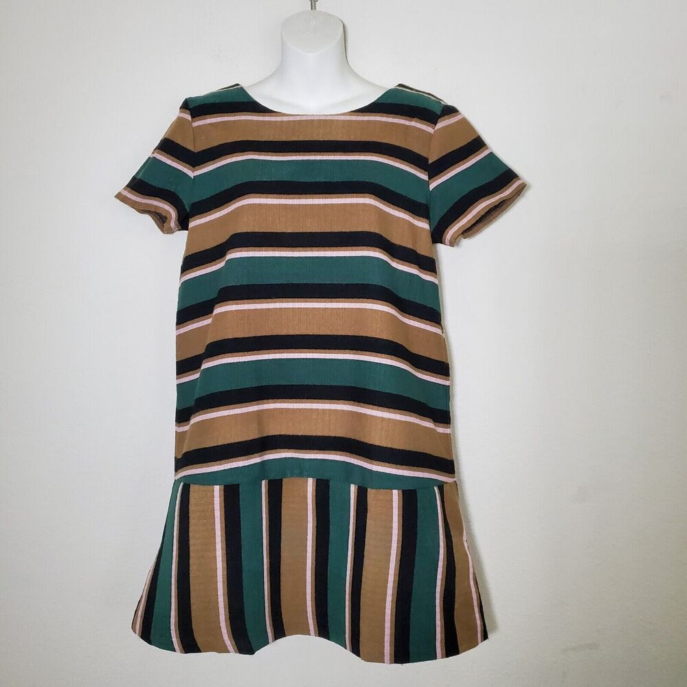 JOA Women's Dress Medium Multicolor Striped Drop Waist Rib Knit Retro 70s Mini